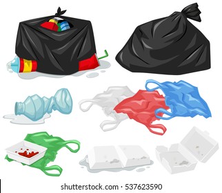 Different types of trash and trashbags illustration