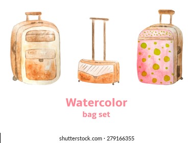 Different types of travel bags made in watercolor technique