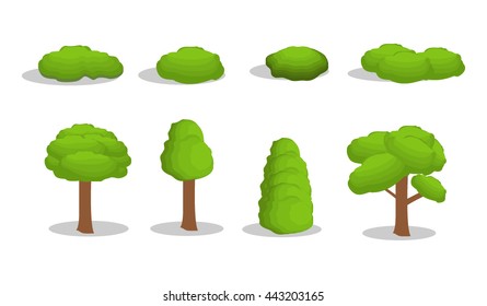 Different types of trees and bushes isolated on white background