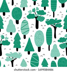Different types of trees seamless vector pattern. Repeating nature background various forest trees on white backdrop. Use for fabric, wallpaper, wrapping