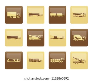 Different types of trucks and lorries icons over brown background - Vector icon set