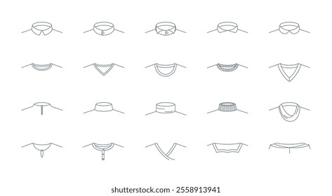 Different Types T-shirt Collars Sign Black Thin Line Icon Set Men Garment Concept . Vector illustration of Tshirt Necklines Icons