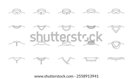 Different Types T-shirt Collars Sign Black Thin Line Icon Set Men Garment Concept . Vector illustration of Tshirt Necklines Icons