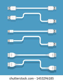 Different types of universal computer cable connectors, cables Type-A, HDMI, Lightning,