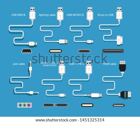 Different types of universal computer cable connectors, cables Type-A, Type-B, Mini-USB, USB Micro B, Micro-USB HDMI, Lightning, 30-pin USB Stock photo © 
