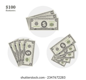 Different types of US dollar money bill sets. Simple piles, fan shape 100 USD banknotes. Flat icon cartoon style. Green money. Finance and commerce concept. Vector design illustration.