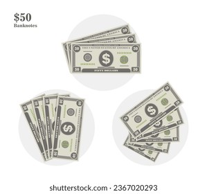 Different types of US dollar money bill sets. Simple piles, fan shape 50 USD banknotes. Flat icon cartoon style. Green money. Finance and commerce concept. Vector design illustration.