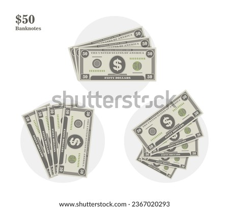Different types of US dollar money bill sets. Simple piles, fan shape 50 USD banknotes. Flat icon cartoon style. Green money. Finance and commerce concept. Vector design illustration.