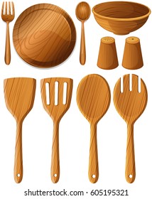 Different types of utensils made of wood illustration