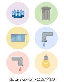 Different types of utilities, facilities icon set, municipal services illustration, cold and hot water, trash, gas, electricity, heating
