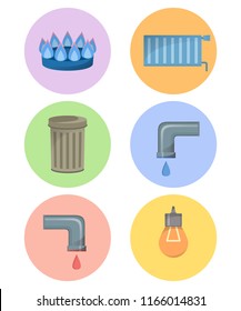 Verschiedene Arten von Versorgungseinrichtungen, Symbolsatz, kommunale Dienstleistungen Illustration, kaltes und heißes Wasser, Müll, Gas, Strom, Heizung