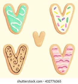 The different types of the V letter in the shape of the cookie with sweet glaze