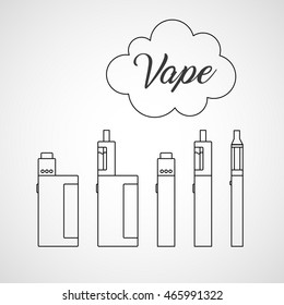 Different types of vaping devices. Box mod, mechanical mod, e-cigarette with atomizers and clearomizers - drip, tank and simple vaping pensil. Cloud with lettering vape.