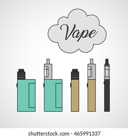 Different types of vaping devices. Box mod, mechanical mod, e-cigarette with atomizers and clearomizers - drip, tank and simple vaping pensil. Steam cloud with lettering vape.