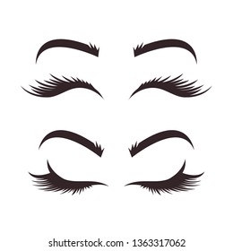 Different types variation of eyebrows and eyelashes models. Black line icons illustration isolated graphic design set. Beauty industry concept