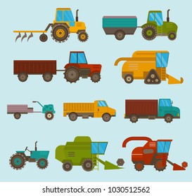 Distintos tipos de vehículos vectoriales y máquinas de recolección, combinadas y excavadoras. Máquina cosechadora agrícola con accesorios para la siembra, la siembra, la siembra y la cosecha