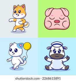 Different types of vector cartoon animals for stickers. Vector illustration of funny cartoons of different animals breeds in trendy flat style.