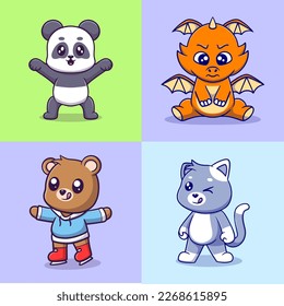 Different types of vector cartoon animals for stickers. Vector illustration of funny cartoons of different animals breeds in trendy flat style.