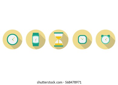 Different types of vector clocks. Icons set with long shadows in flat style , timer on white background. Vector design element.