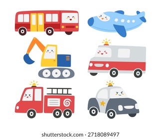 Diferentes tipos de vehículo y transporte con cara linda. Caricatura de autobús, avión, excavadora, ambulancia, camión de bomberos, coche de policía. Conjunto de estilo de ilustración de niños aislados para Elementos gráficos.