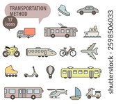 Different types of vehicles. Colored icons of different types of transport with a stroke. Transport icons. EPS 10.