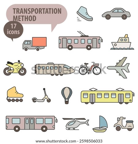 Different types of vehicles. Colored icons of different types of transport with a stroke. Transport icons. EPS 10.