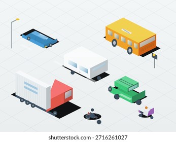 Diferentes tipos de vehículos en una calle de la ciudad con marcas de carril y una parada de autobús durante el día