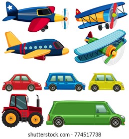 Different types of vehicles on white background illustration