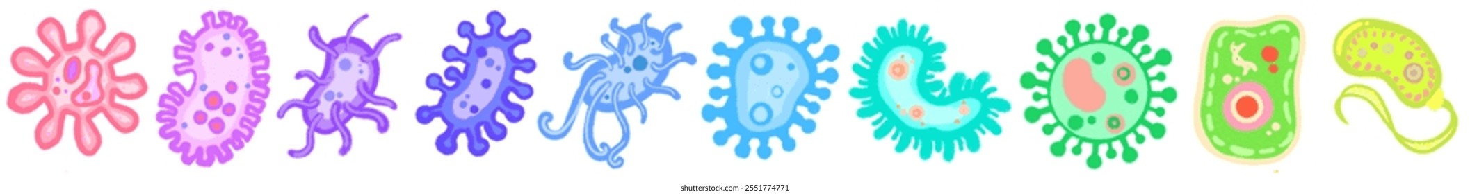 Diferentes tipos de virus y bacterias establecen cartel de colección para la educación de la salud, bacterias patógenas, virus y microbios, causantes de enfermedades, gérmenes de color, tipo de bacteria, infección por microorganismos