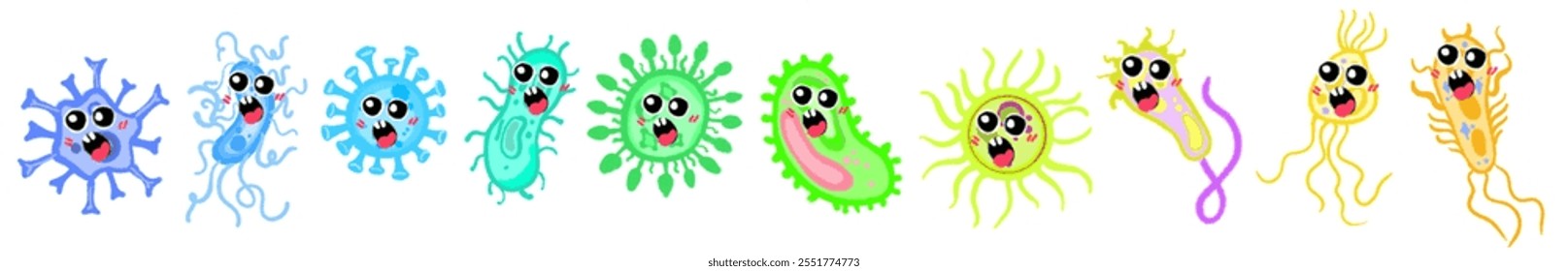 Diferentes tipos de virus y bacterias establecen cartel de colección para la educación de la salud, bacterias patógenas, virus y microbios, causantes de enfermedades, gérmenes de color, tipo de bacteria, infección por microorganismos