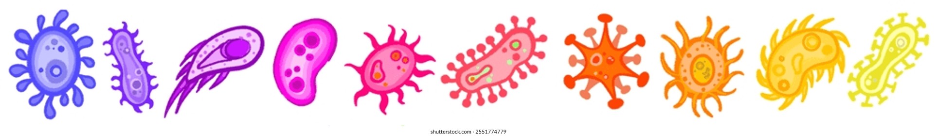 Diferentes tipos de virus y bacterias establecen cartel de colección para la educación de la salud, bacterias patógenas, virus y microbios, causantes de enfermedades, gérmenes de color, tipo de bacteria, infección por microorganismos