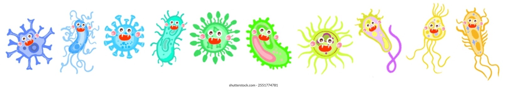 Diferentes tipos de virus y bacterias establecen cartel de colección para la educación de la salud, bacterias patógenas, virus y microbios, causantes de enfermedades, gérmenes de color, tipo de bacteria, infección por microorganismos