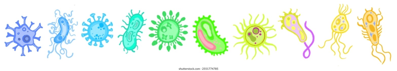 Diferentes tipos de virus y bacterias establecen cartel de colección para la educación de la salud, bacterias patógenas, virus y microbios, causantes de enfermedades, gérmenes de color, tipo de bacteria, infección por microorganismos