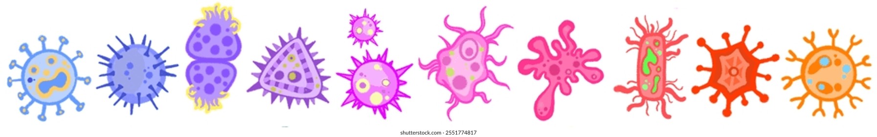 Diferentes tipos de virus y bacterias establecen cartel de colección para la educación de la salud, bacterias patógenas, virus y microbios, causantes de enfermedades, gérmenes de color, tipo de bacteria, infección por microorganismos