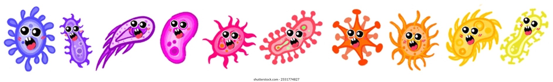 Diferentes tipos de virus y bacterias establecen cartel de colección para la educación de la salud, bacterias patógenas, virus y microbios, causantes de enfermedades, gérmenes de color, tipo de bacteria, infección por microorganismos