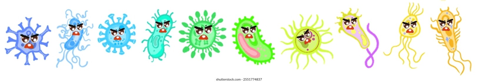 Diferentes tipos de virus y bacterias establecen cartel de colección para la educación de la salud, bacterias patógenas, virus y microbios, causantes de enfermedades, gérmenes de color, tipo de bacteria, infección por microorganismos