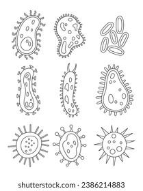 Different types of viruses. Coloring Page. Bacteria, biological microorganism, good and bad microbiota. Hand drawn style. Vector drawing. Collection of design elements.