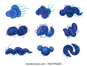 Different types of viruses. Strange biological creatures. Types of bacteria microbiology. Observation through a microscope.