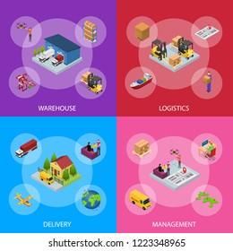 Different Types Warehouse 3d Banner Set Isometric View Logistic Transport, Delivery and Shipping Business Service. Vector illustration of Storage