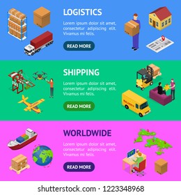 Different Types Warehouse 3dBanner Horizontal Set Isometric View Logistic Transport, Delivery and Shipping Business Service. Vector illustration of Storage