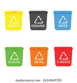 Different types of waste recycle. Garbage separation containers for plastic, paper, metal, organic, glass and e-waste isolated on white background. Recycling symbols vector icons