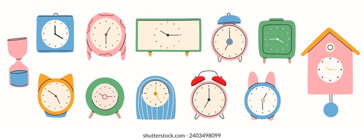 Diferentes tipos de relojes a la moda. Juego de afiches de reloj. Estilo de moda dibujado a mano.Imprimir, afiche, pancarta.Vector