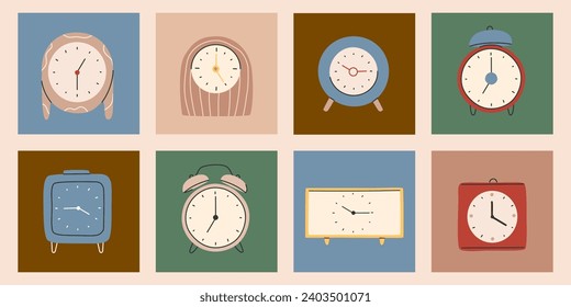 Verschiedene Uhrentypen im trendigen Stil. Uhrenplakatset. Modischer handgezeichneter Stil.Print, Poster, Banner.Vektorgrafik