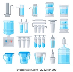 Different types of water filters set. Mineral filtration or purification systems vector illustration
