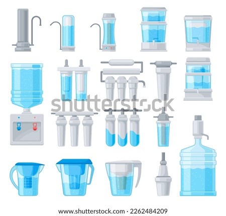Different types of water filters set. Mineral filtration or purification systems vector illustration