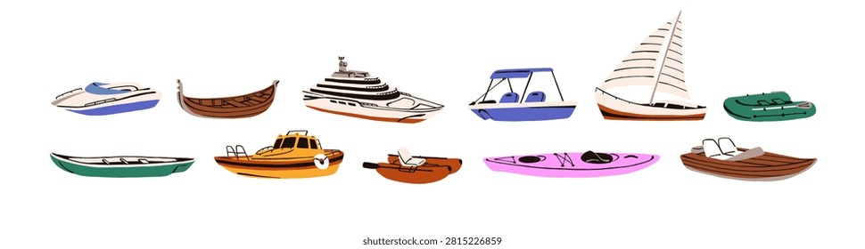 Different types of water transport set. Inflatable and wooden boats, motorboats, passenger ships. Kayaks, sailboats and sports yachts. Sea cruise, travel. Flat isolated vector illustrations on white