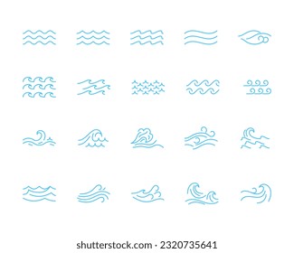 Different Types Water Wave Blue Thin Line Icon Set. Vector illustration of Sea and Ocean Surf Borders