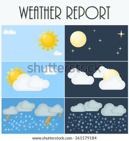 Different types of weather. Day and night. Flat vector illustration. Symbols and icons of weather topic.