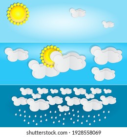Different types of weather. Day and summer banner. Horizontal posters set with paper clouds for weather forecast.Synoptic symbols for miscellaneous weather conditions.Season icons. Vector illustration