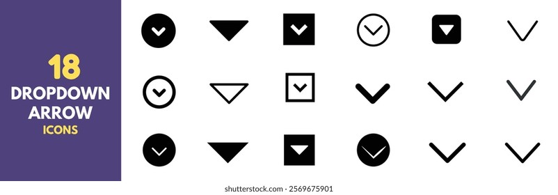 Different types of Website dropdown arrow icon on white background.